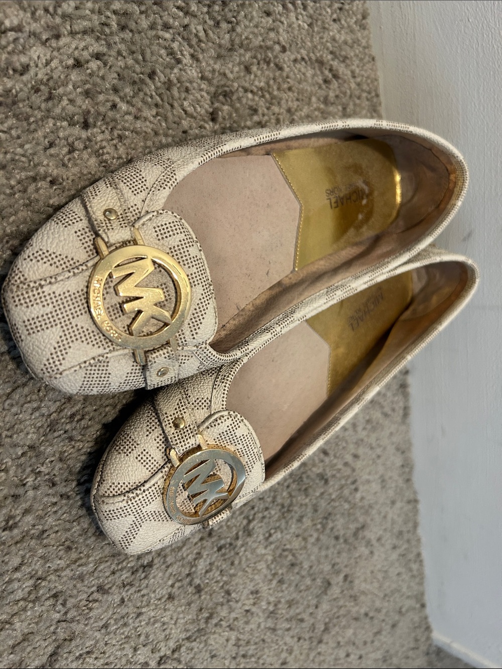 Michael Kors Cream Quilted Logo Ballet Flats with Gold Medallions